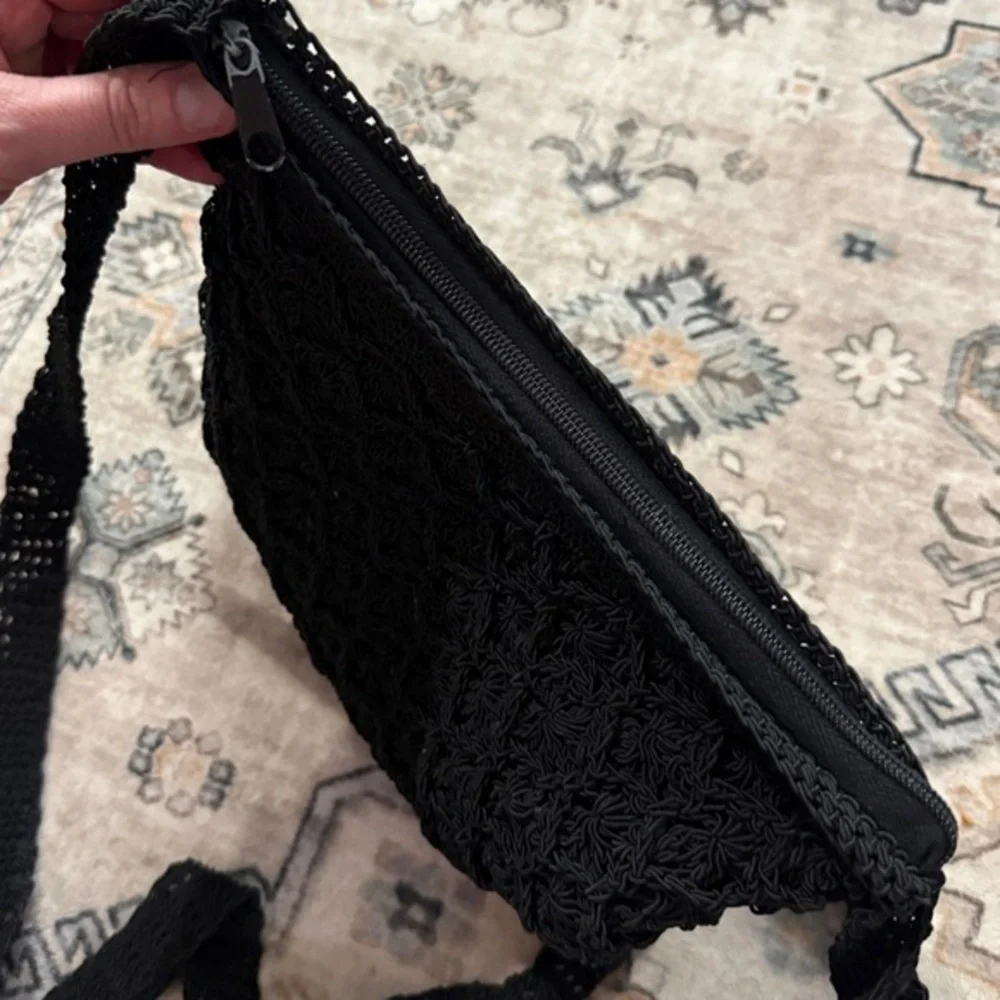 Black Crochet Crossbody Bag- Boho‎ Chic Scandi Girl Style Festival Purse